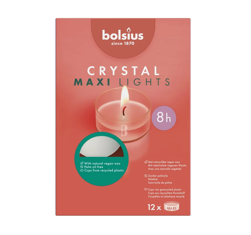 Ρεσώ 12άδα Bolsius Crystal Maxi Light Φυτικό - Σόγιας Clearcup 8 Ωρών - Λευκό